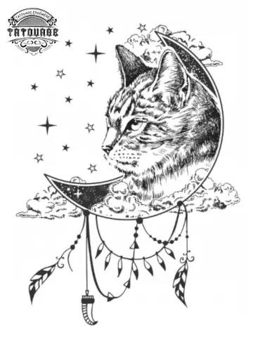 tatouage ephemere lune et chat Tatouage éphémère lune et chat