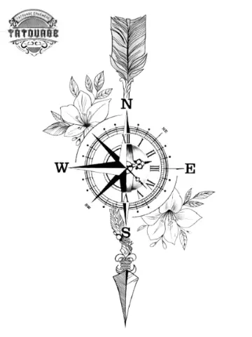 tatouage ephemere boussole et fleur Tatouage éphémère boussole et fleur