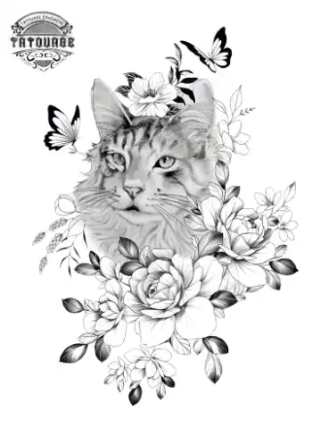 tatouage ephemere chat avec fleur Tatouage éphémère chat avec fleur