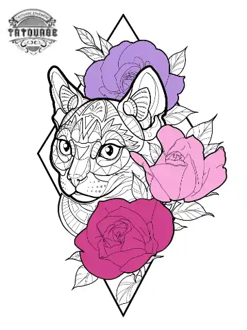 tatouage ephemere chat avec rose Tatouage éphémère chat avec rose
