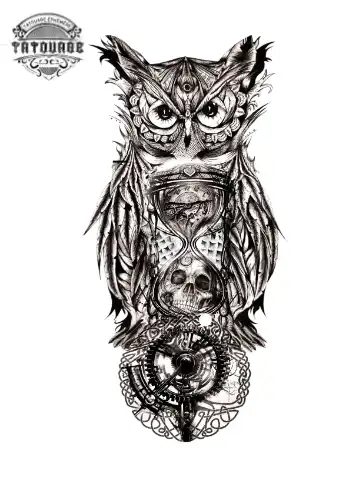 tatouage ephemere hibou horloge Tatouage éphémère hibou horloge