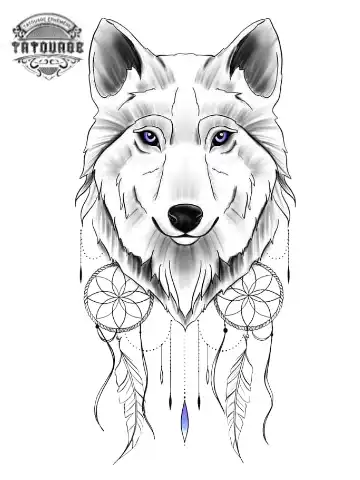 tatouage ephemere loup avec attrape reve Tatouage éphémère loup attrape rêve