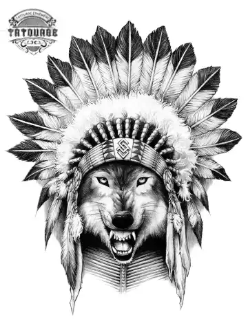 tatouage ephemere loup avec coiffe indienne Tatouage éphémère loup avec coiffe indienne