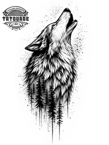 tatouage ephemere loup avec foret Tatouage éphémère loup avec forêt