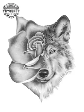 tatouage ephemere loup avec rose Tatouage éphémère loup avec rose