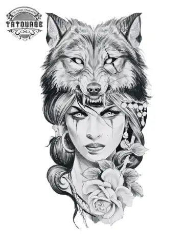 tatouage ephemere loup et femme Tatouage éphémère loup et femme