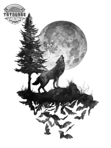 tatouage ephemere loup et lune Tatouage éphémère loup et lune