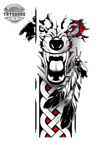 Tatouage éphémère loup et plume