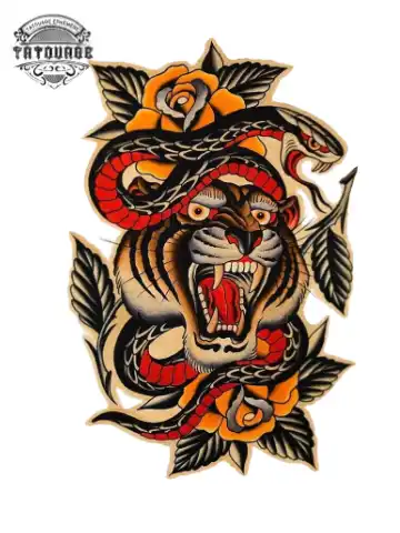 tatouage ephemere tete de tigre old school Tatouage éphémère tête de tigre old school