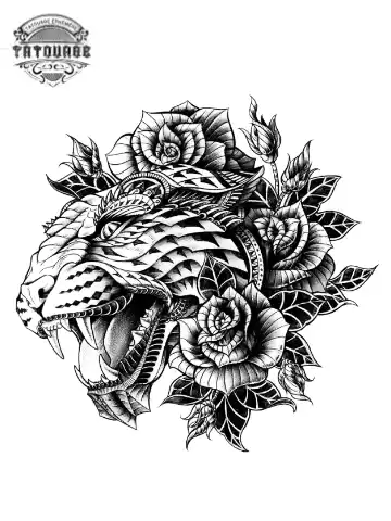 tatouage ephemere tigre avec rose Tatouage éphémère tigre avec rose