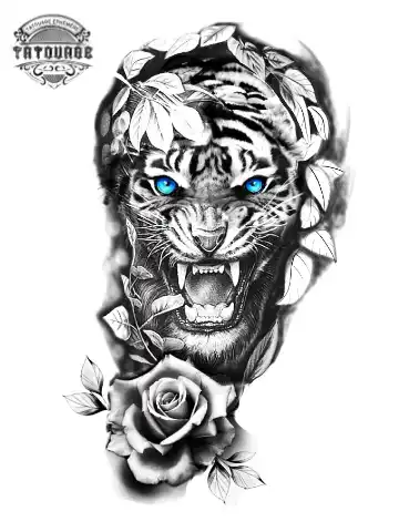 tatouage ephemere tigre et rose Tatouage éphémère tigre et rose