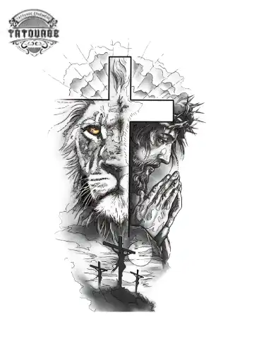 tatouage ephemere croix et lion Tatouage éphémère croix et lion