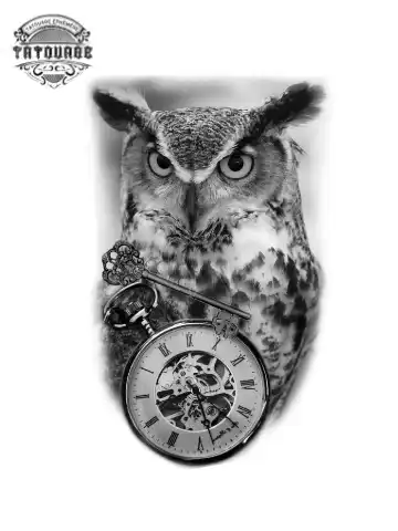 tatouage ephemere hiboux avec horloge Tatouage éphémère hibou avec horloge