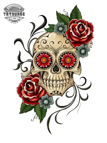 Tatouage éphémère tête de mort mexicaine avec rose