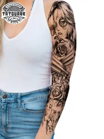 Tatouage éphémère bras complet femme rose
