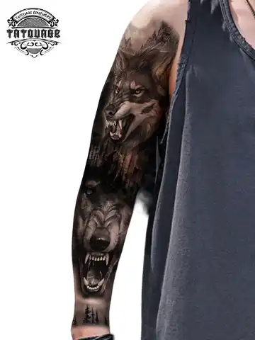 Tatouage éphémère bras complet homme loup