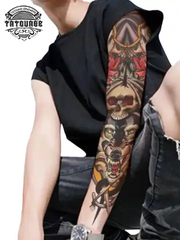 Tatouage éphémère bras complet old school