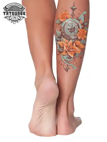 Tatouage éphémère mollet boussole